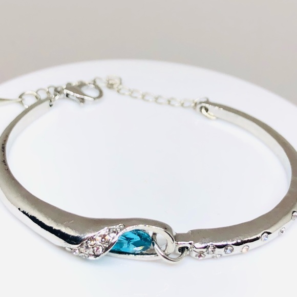 Silver Bangle Bracelet with Blue Topaz CZ - Picture 4 of 7